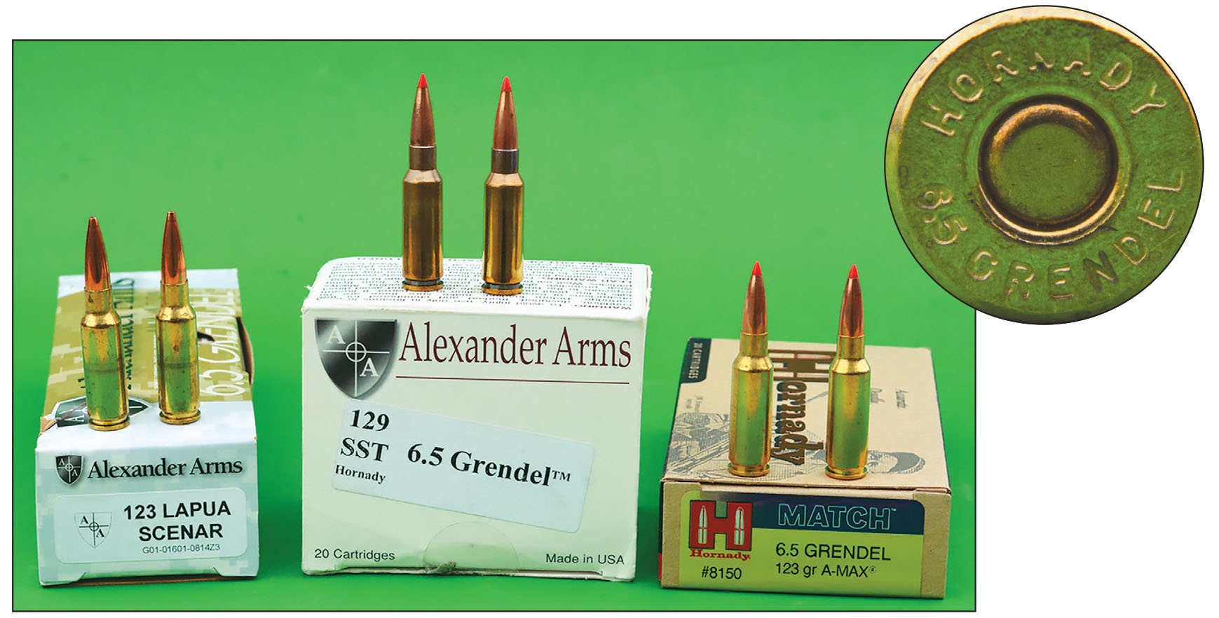 The 6.5 Grendel factory ammunition from Alexander Arms and Hornady Manufacturing offers high ballistic-coefficient bullets for long-range work and hunting.